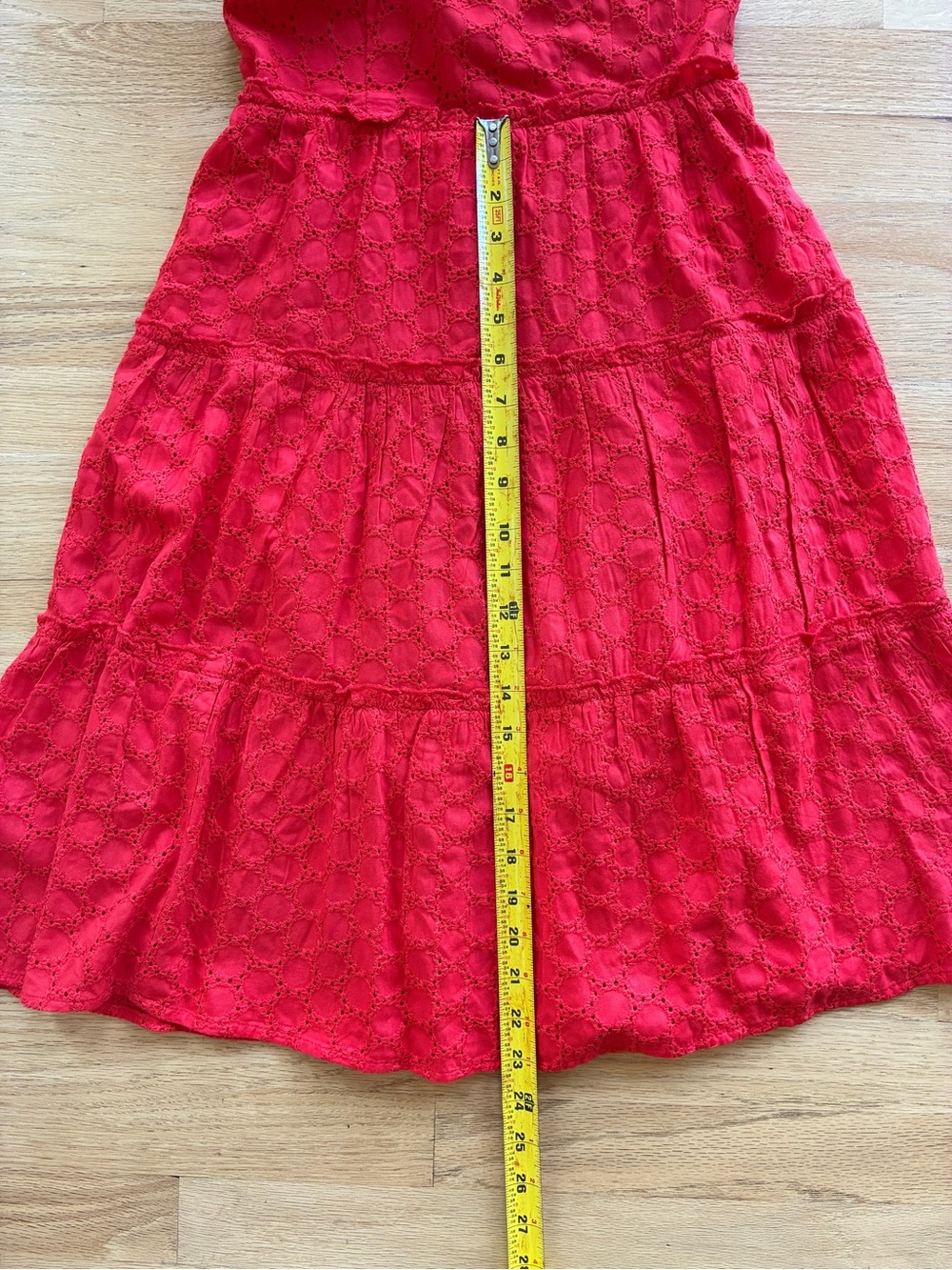 Sim & Sam S Red Eyelet Tiered Spaghetti Strap Sundress Smocked Back Pockets - Picture 8 of 12
